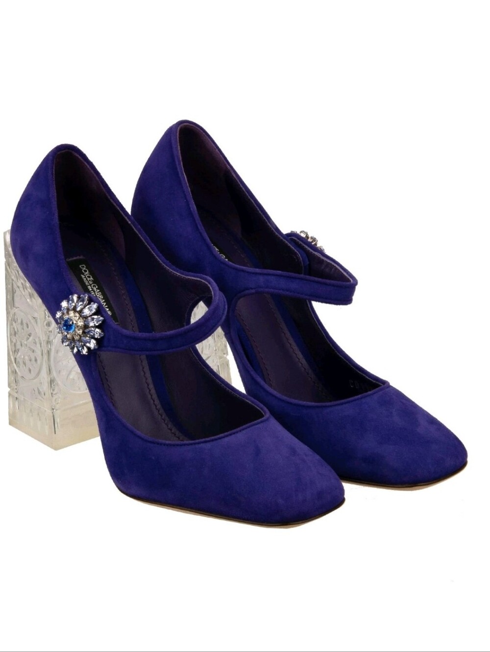 Dolce & Gabbana Royal Purple Suede . EMBOSSED  Heel with OringinalCrystal Brooch